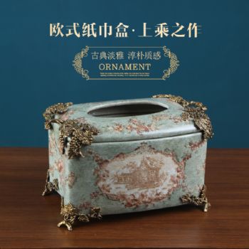 欧式复古陶瓷配铜纸巾盒摆件 别墅样板房家居客厅餐桌软装抽纸盒