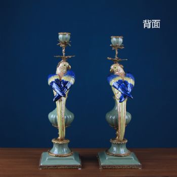 亚马逊欧式样板间软装鹦鹉烛台 彩绘陶瓷配铜家居饰品玄关摆件