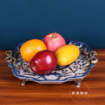 欧式宫廷陶瓷镶铜果盘创意水果碟摆件 家居饰品客厅茶几手绘托盘
