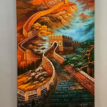 新中式实力画家纯手绘长城风景油画精品办公室风水玄关油画