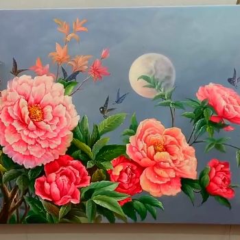 纯手绘高品质花鸟油画花好月圆适合客厅新中式风格沙发背景墙油画