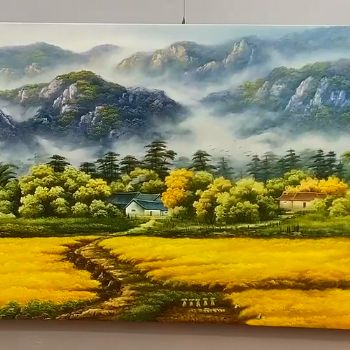 纯手绘油画作品新中式丰收的季节风景油画背有靠山风水油画