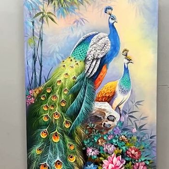 新中式孔雀写实油画纯手绘动物油画高品质玄关油画