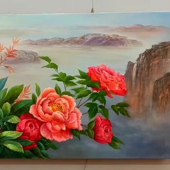 酒店挂画现代装饰新中式客厅手绘油画花开富贵精品牡丹卧室床头挂画