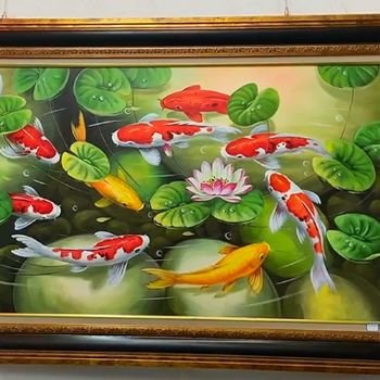 风水油画新中式纯手绘九鱼图年年有余锦鲤图客厅餐厅精品油画