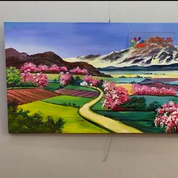 纯手绘美式风景油画桃花开时的田园风光景物油画写意风景画
