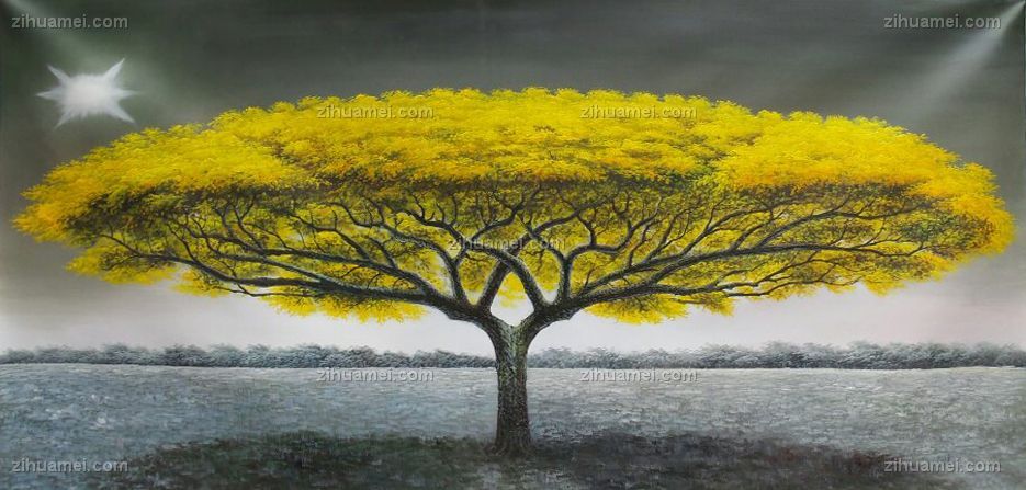 风景油画 黄金树