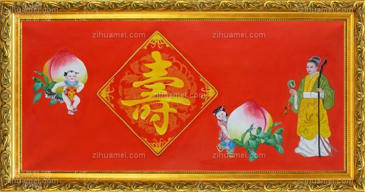 中式油画 寿星与寿桃