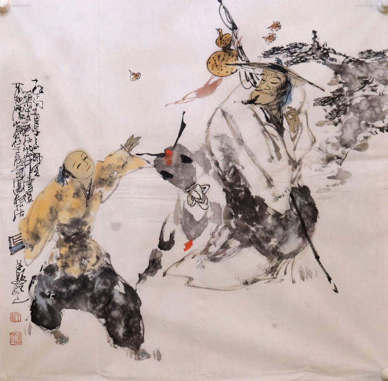 国画 毛驴 老者