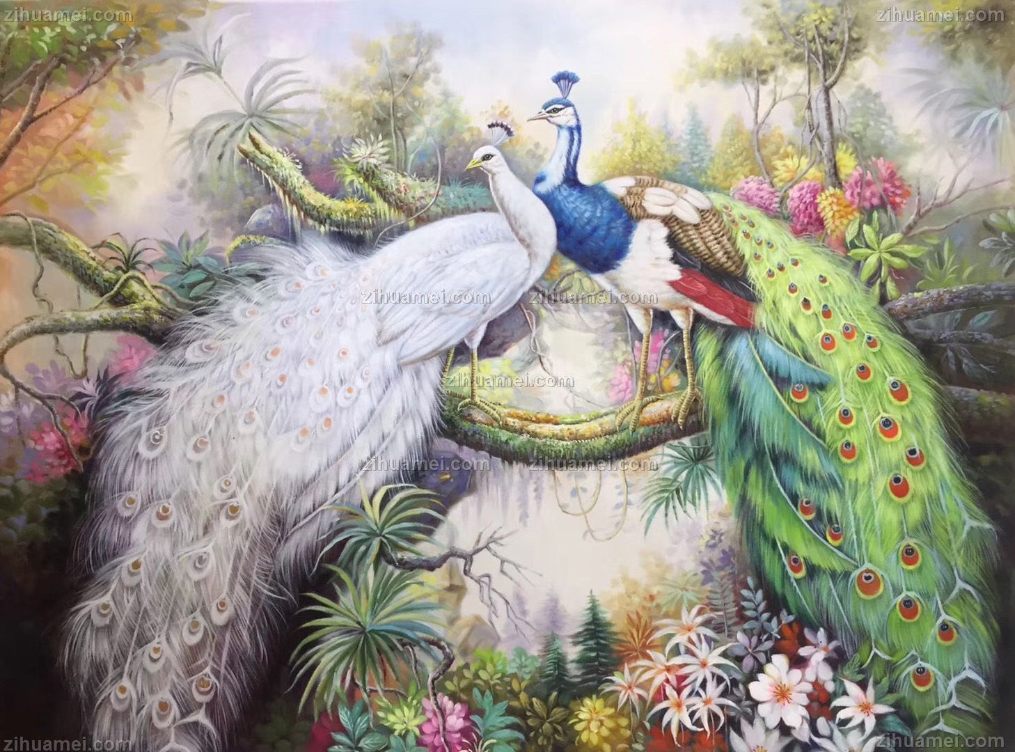 花鸟画手绘油画两只孔雀