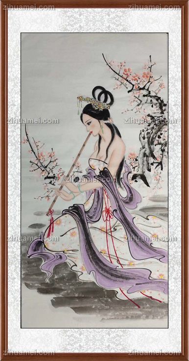 美女吹萧图写意画