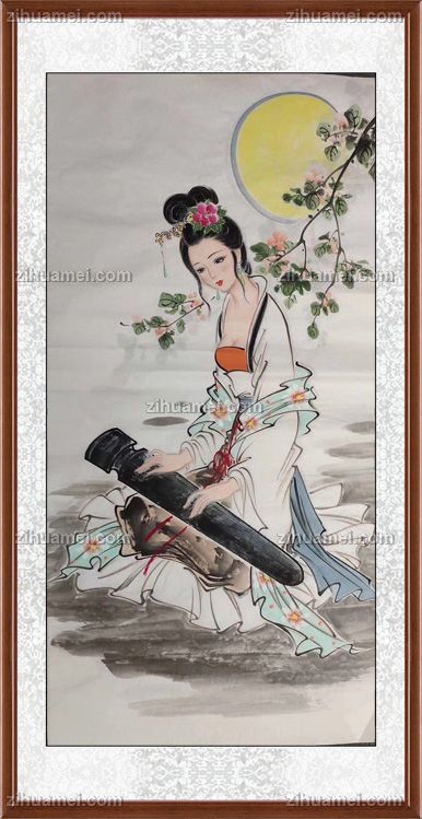 圆月下弹古筝美女写意图