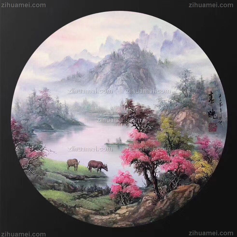 圆形山水油画风景画