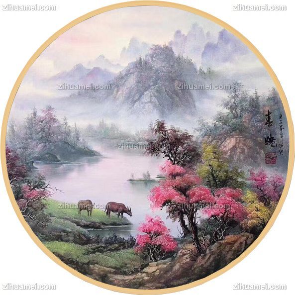 圆形山水油画风景画
