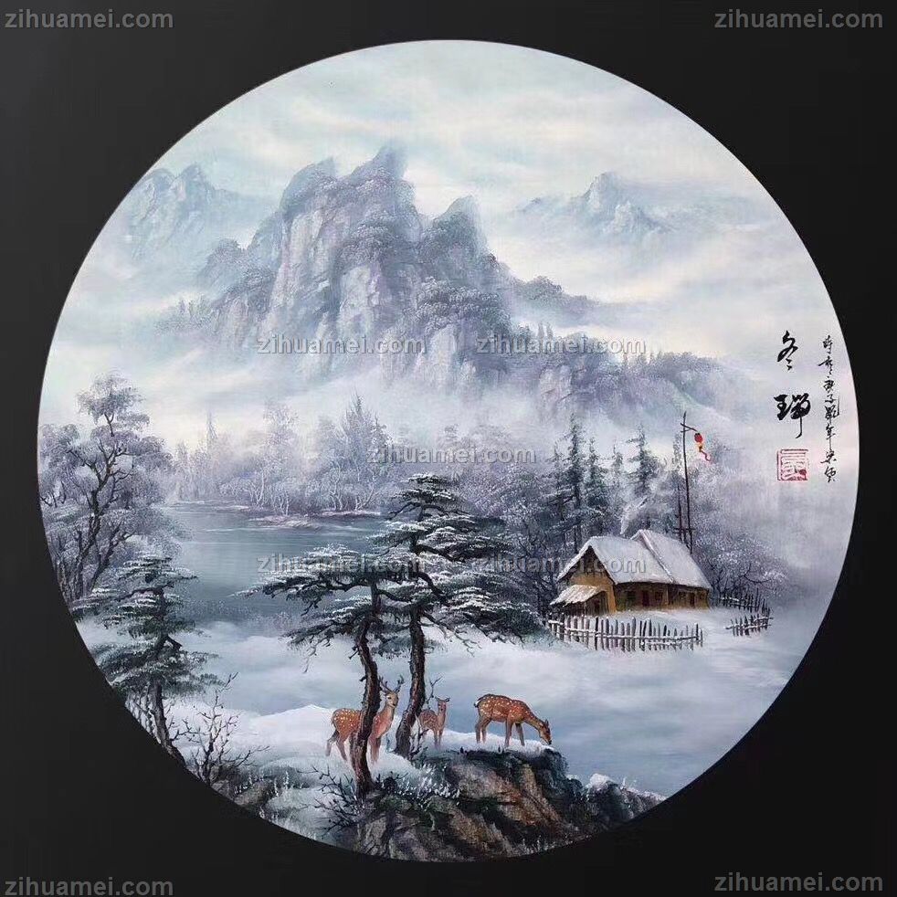 冬瑞图圆形山水油画风景画