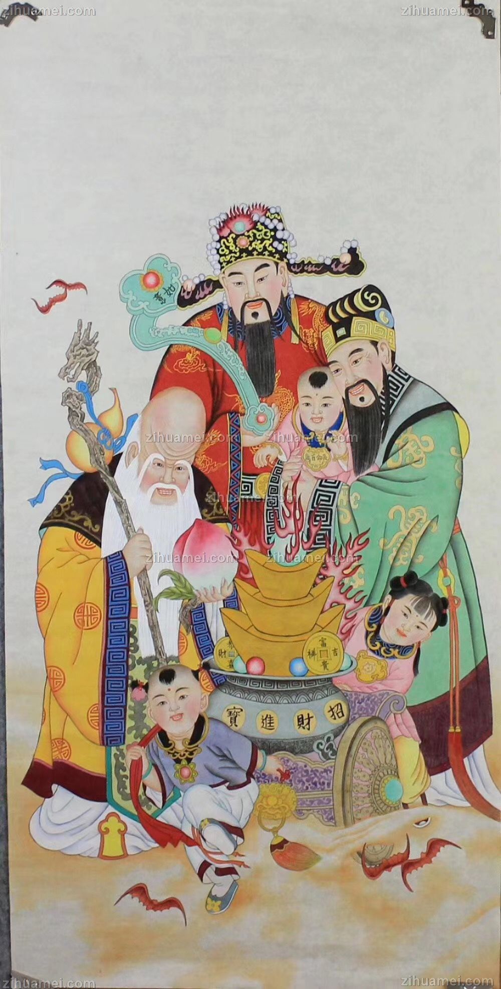 工笔国画三星高照招财进宝