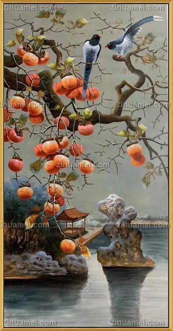 新中式手绘油画亭台楼阁