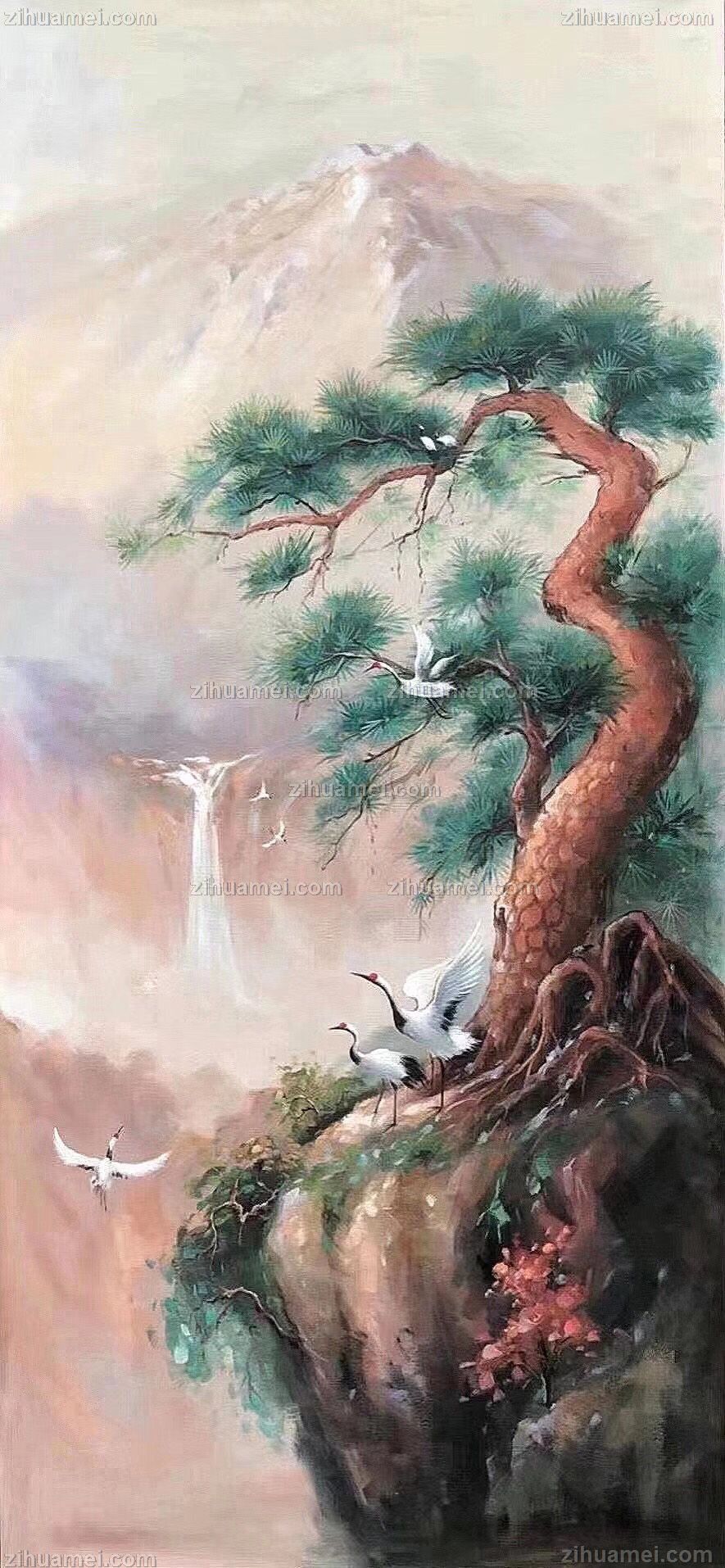仙鹤与松树手绘写意油画