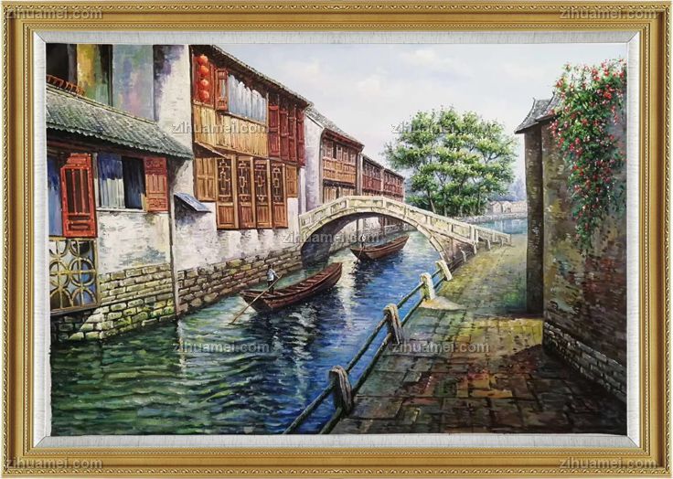 手绘江南水乡油画风景