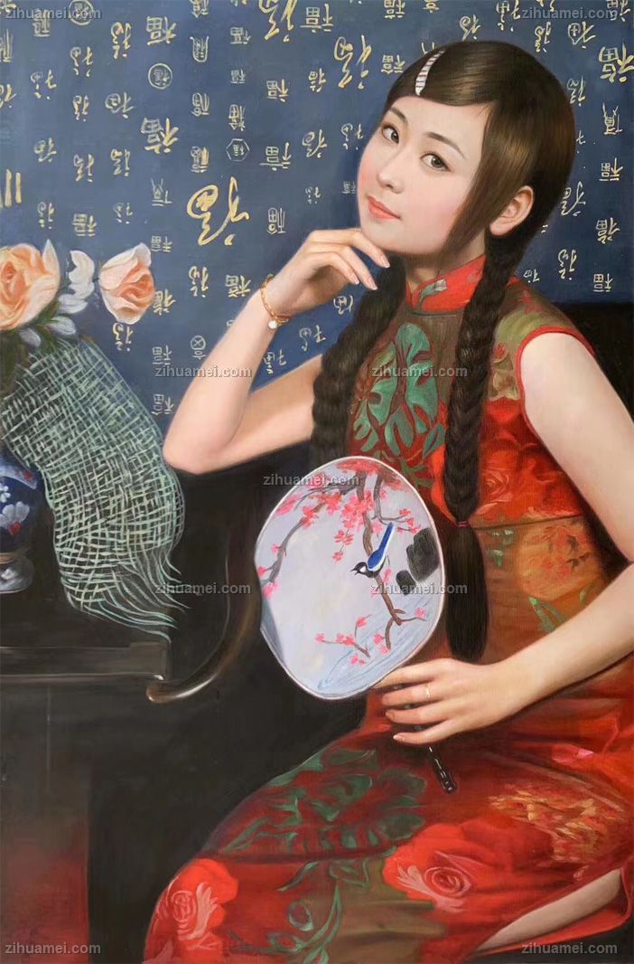 美女中式古典手绘人物油画
