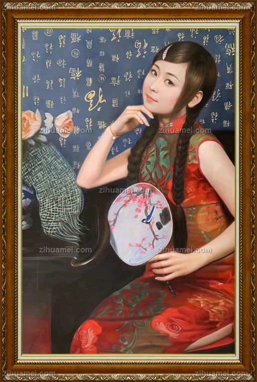 美女中式古典手绘人物油画