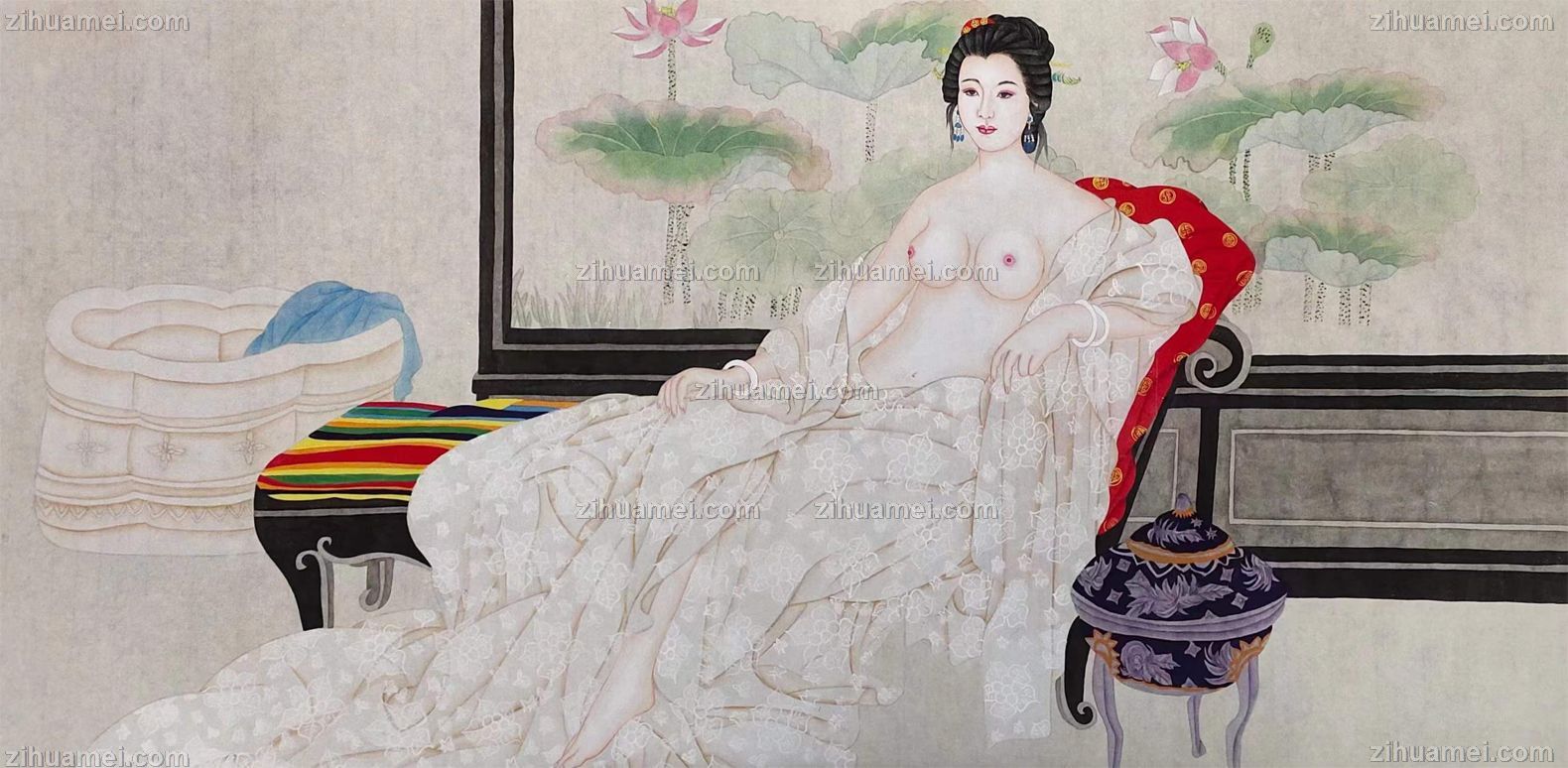 贵妃出浴图人体艺术手绘人物国画