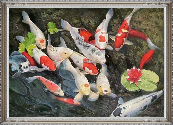 新中式办公室挂画锦鲤图动物油画作品