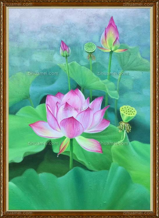 适合玄关卧室的花鸟油画荷花图