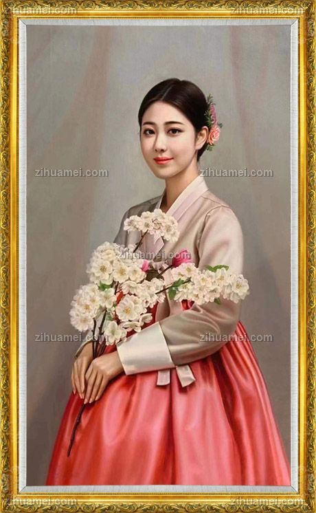 收藏油画朝鲜油画实力画家纯手绘人物油画美女油画黄色实木画框精品收藏