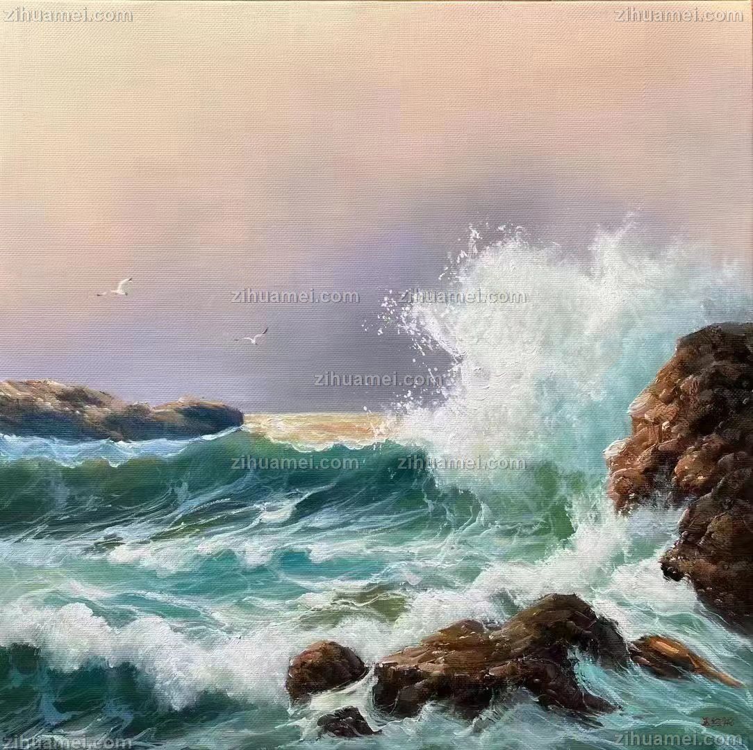 欧式风景油画纯手绘海浪风景画