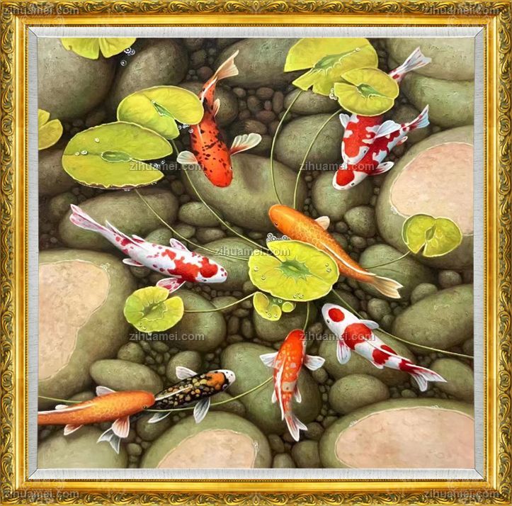 精品纯手绘动物油画九鱼图