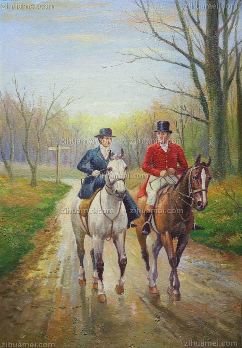 纯手绘手工 树林骑马 欧美人物画