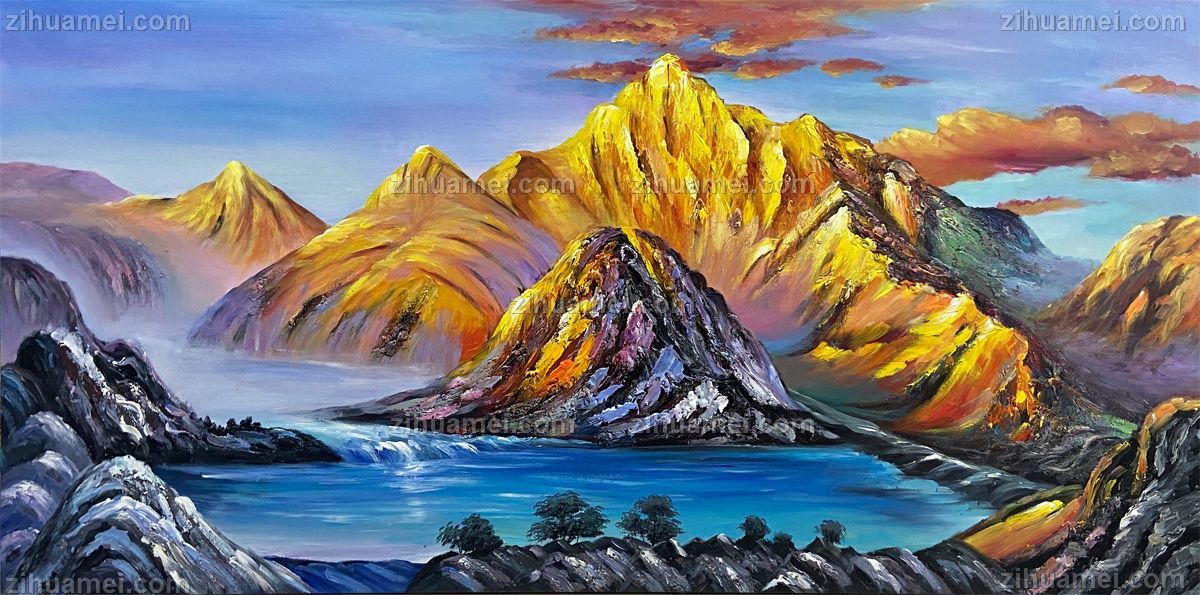 纯手绘风景画 金山银山 酒店大厅装饰画 实木画框