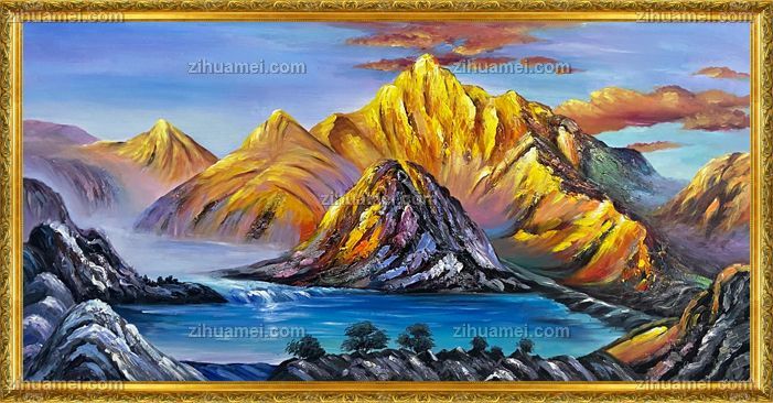 纯手绘风景画 金山银山 酒店大厅装饰画 实木画框