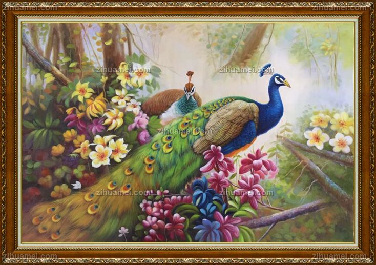 新中式客厅手绘孔雀图油画作品