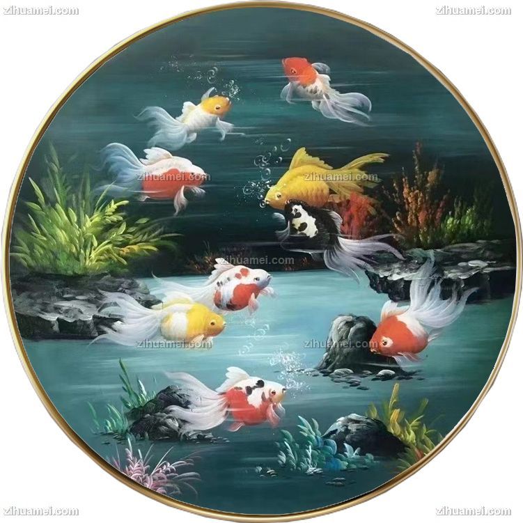 纯手绘九鱼图油画