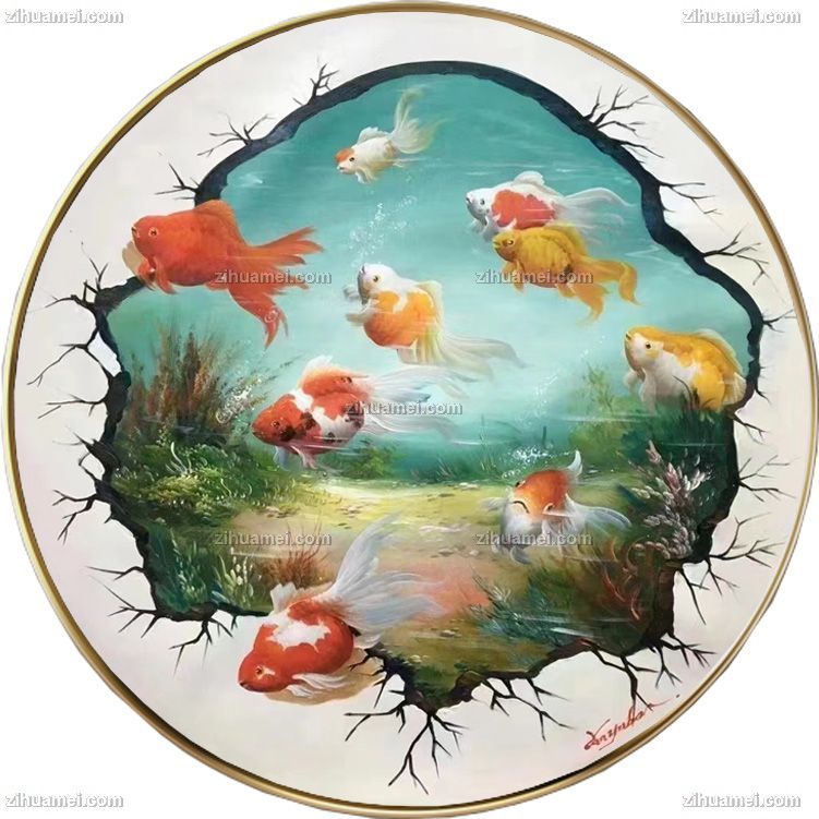 纯手绘九鱼图油画