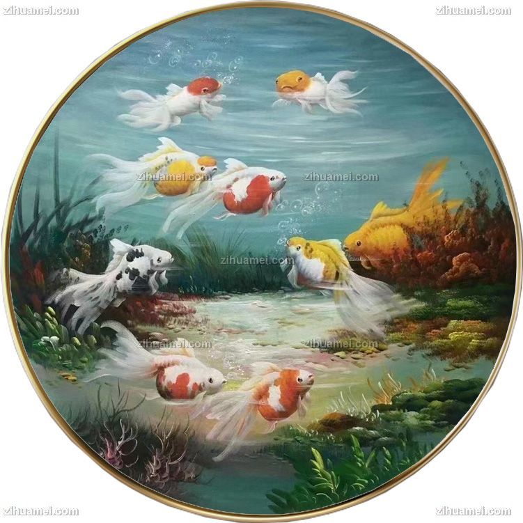 纯手绘九鱼图油画