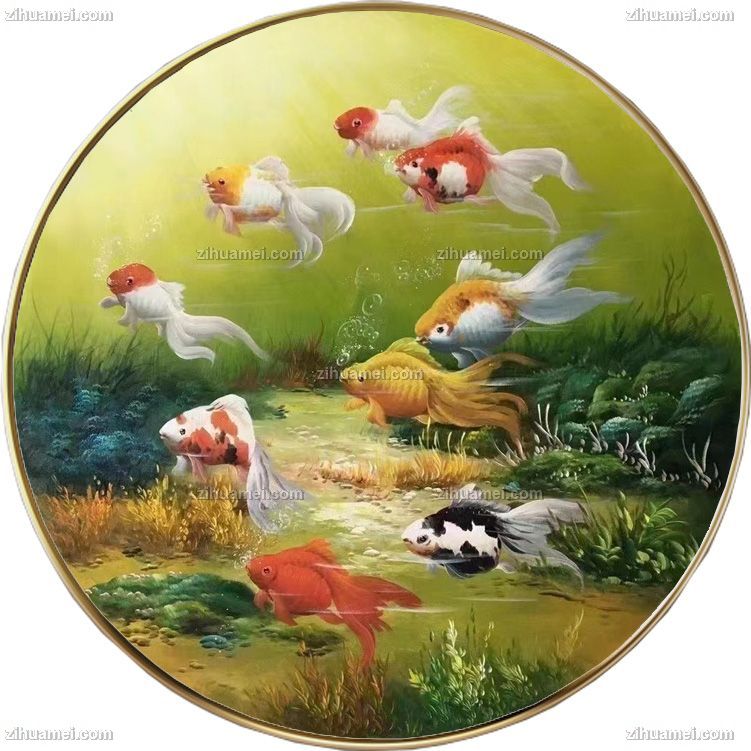 纯手绘九鱼图油画