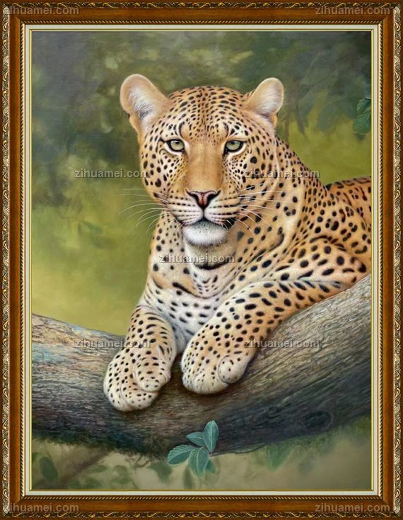 实木画框动物油画金钱豹纯手绘油画