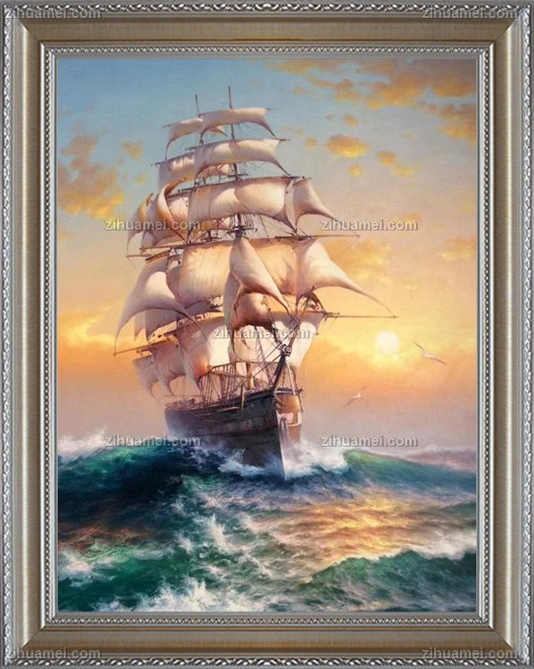 适合办公室的励志海浪帆船风景油画