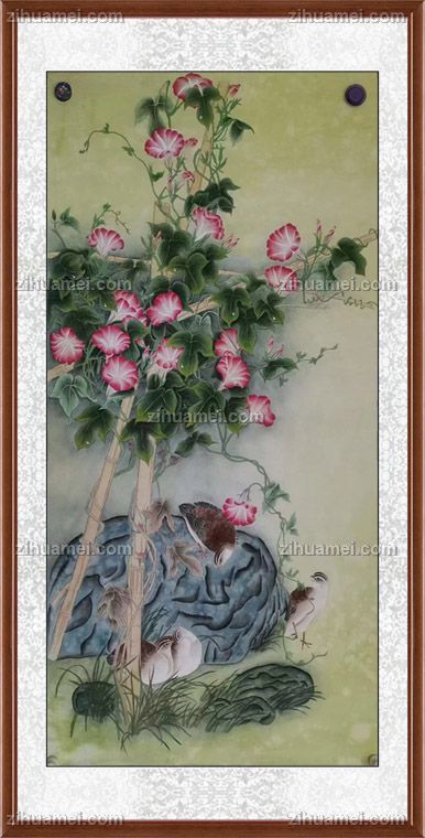 工笔国画纯手绘写实鹌鹑牵牛花花鸟国画