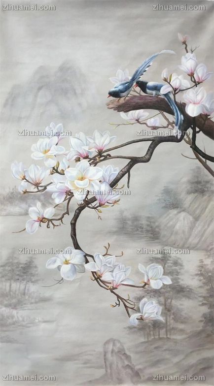 实木画框花卉油画玉兰花喜鹊油画