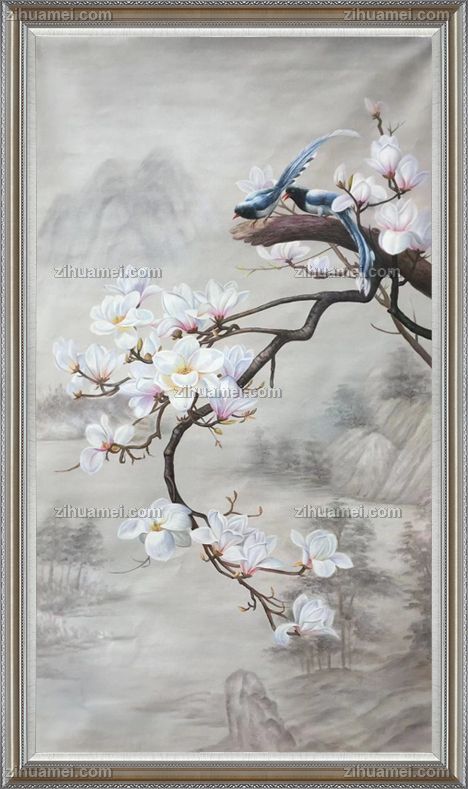 实木画框花卉油画玉兰花喜鹊油画