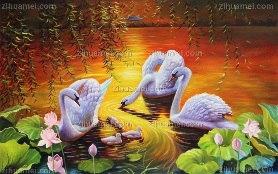 新中式风景油画荷花池风景