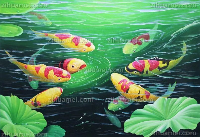 锦鲤写实荷花风景油画