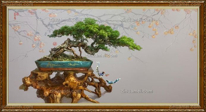 中式盆景风景油画