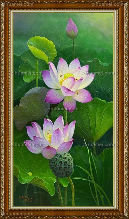 适合玄关办公室走廊荷花手绘油画
