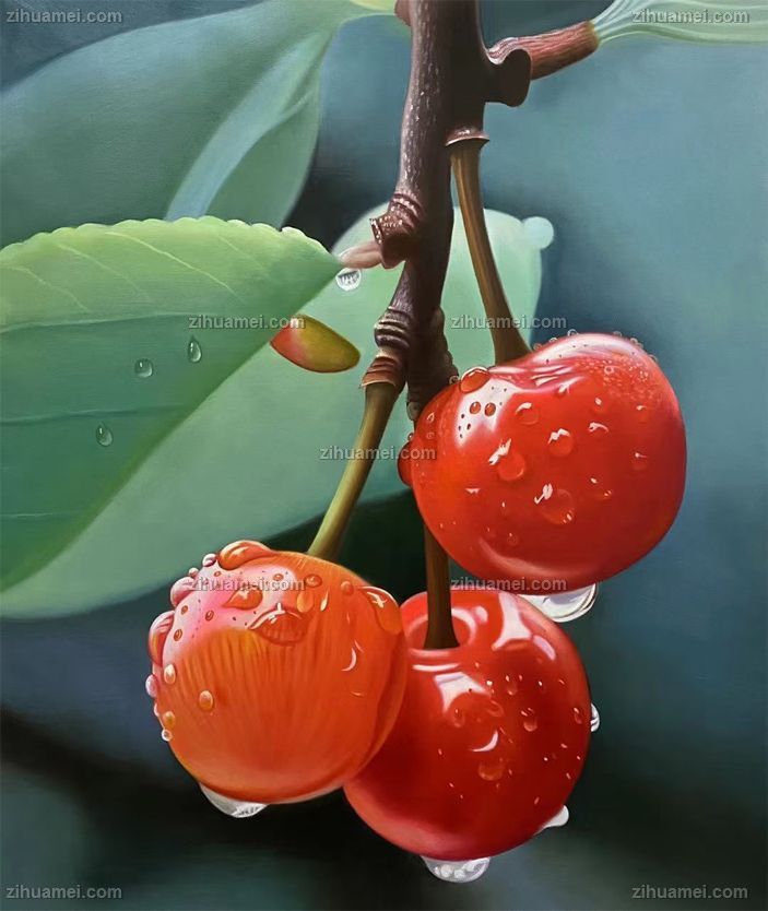 纯手绘水果樱桃油画