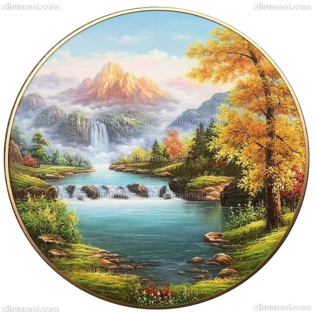 纯手绘圆形风景山水油画